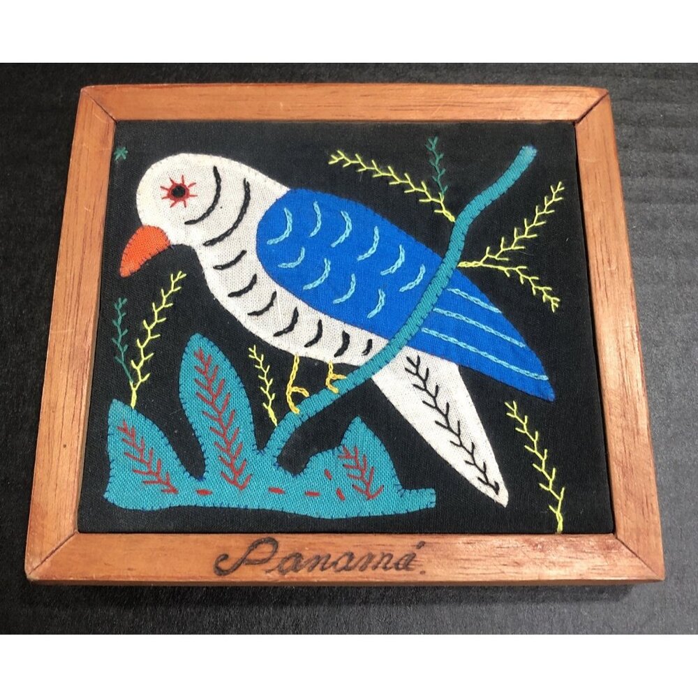 Vintage Panama Mola Hand Sewn Patchwork PARROT w/Wood Frame 5.5”x6”